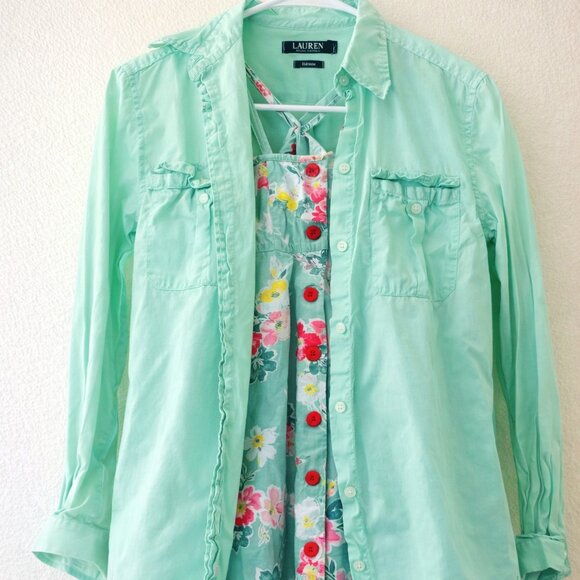 Ralph Lauren Girls Preppy Outfit Set 6X Mint Floral Dress + Denim Shirt + Access - Picture 3 of 7